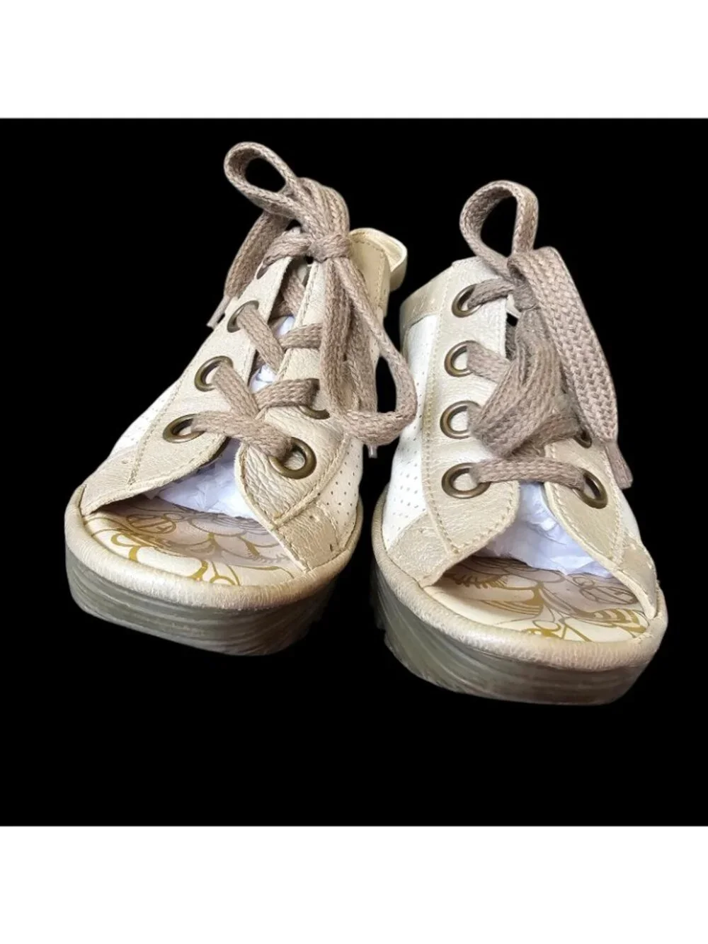 FLY LONDON Yuta Leather Peep Slingback Lace Wedge Heel Sandals Sz‎ 39 Sz 8 8.5